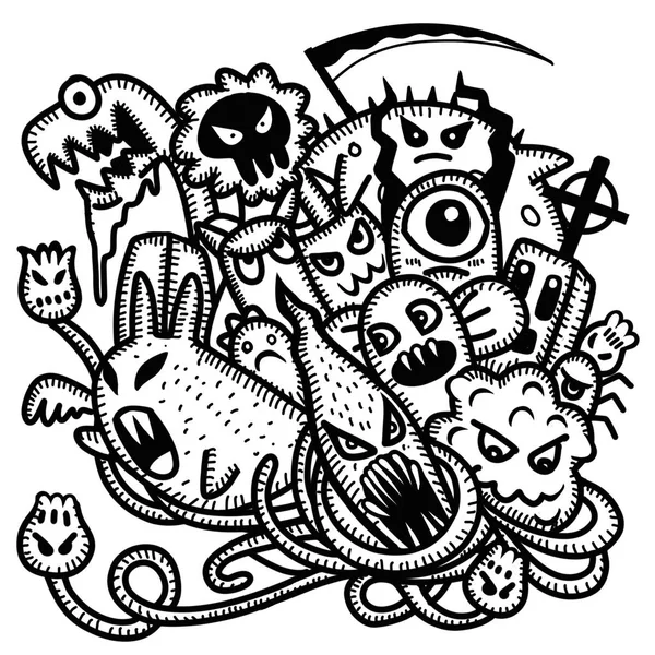 Божевільний боку звернено Hipster doodle Група монстр, малювання стиль. VEC — стоковий вектор