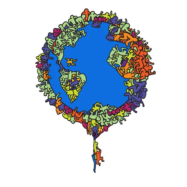 Illustration vectorielle dessinée à la main, globe terrestre avec les gens, illust — Image vectorielle