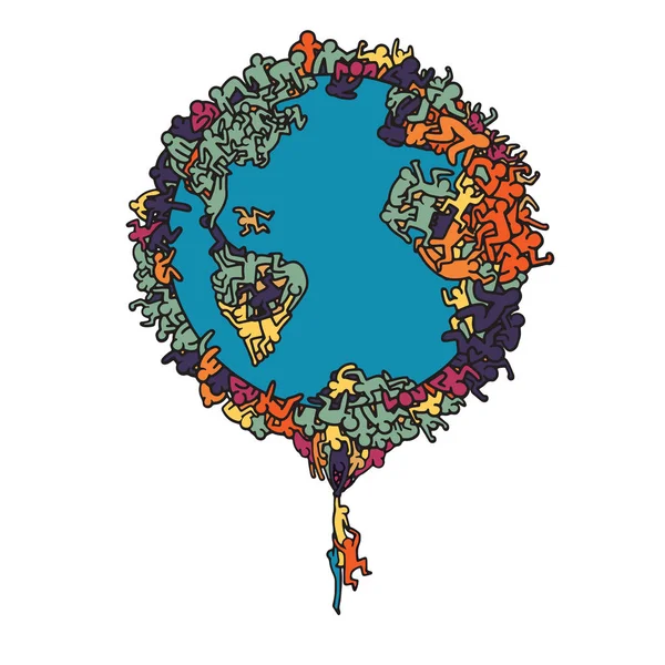 Illustration vectorielle dessinée à la main, globe terrestre avec les gens, illust — Image vectorielle