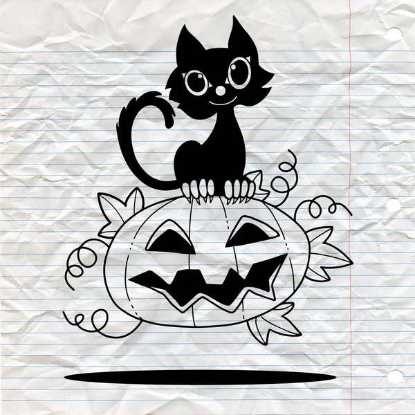 Ilustrace z Halloween kotě jsou šťastně leží na dýně, plochý, vektorové ilustrace — Stockový vektor