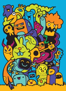 Canavarlar ve sevimli uzaylı dost, güzel, şirin çizilmiş canavarlar koleksiyonu vektör çizim