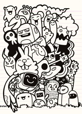 Canavarlar ve sevimli uzaylı dost, güzel, şirin çizilmiş canavarlar koleksiyonu vektör çizim