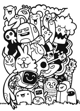 Canavarlar ve sevimli uzaylı dost, güzel, şirin çizilmiş canavarlar koleksiyonu vektör çizim