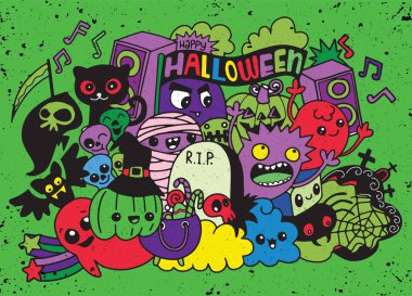 Canavarlar ve sevimli hayalet dost, güzel, şirin çizilmiş canavarlar koleksiyonu vektör çizim