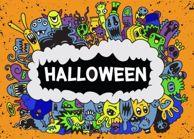 Çizgi film canavarları koleksiyonu. Karikatür canavarlarının vektör kümesi izole edildi. Yazdırma, parti dekorasyonu, tişört, illüstrasyon, logo, amblem veya çıkartma için tasarım