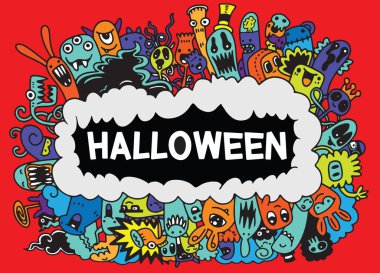 Çizgi film canavarları koleksiyonu. Karikatür canavarlarının vektör kümesi izole edildi. Yazdırma, parti dekorasyonu, tişört, illüstrasyon, logo, amblem veya çıkartma için tasarım