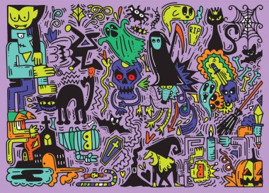 El Doodle Halloween vektör çizim çizilmiş arka plan 