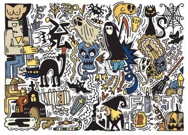 El Doodle Halloween vektör çizim çizilmiş arka plan 