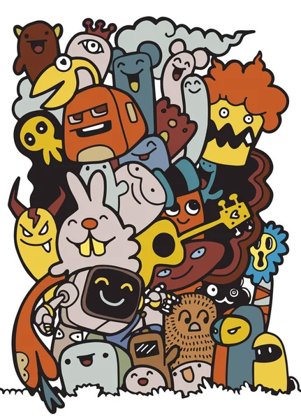 Ilustração vetorial de monstros e bonito alienígena amigável, legal, bonito coleção de monstros desenhados à mão —  Vetores de Stock