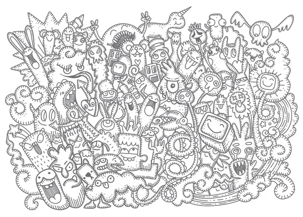 Illustrazione vettoriale di Doodle carino sfondo mostro, Disegno a mano — Vettoriale Stock