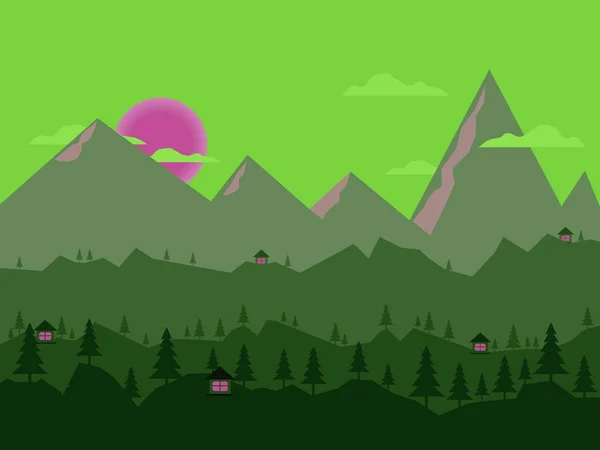 Нічний пейзаж з освітленим будинком, лісом та горами на задньому плані. Векторна ілюстрація . — стоковий вектор