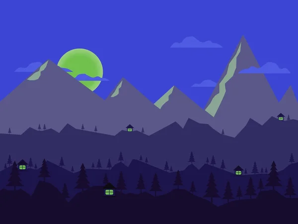 Paisaje nocturno con hogar iluminado, bosque y montañas al fondo. ilustración vectorial . — Vector de stock