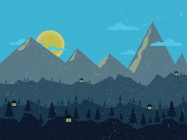 Nachtlandschaft mit beleuchtetem Haus, Wald und Bergen im Hintergrund. Vektorillustration. — Stockvektor