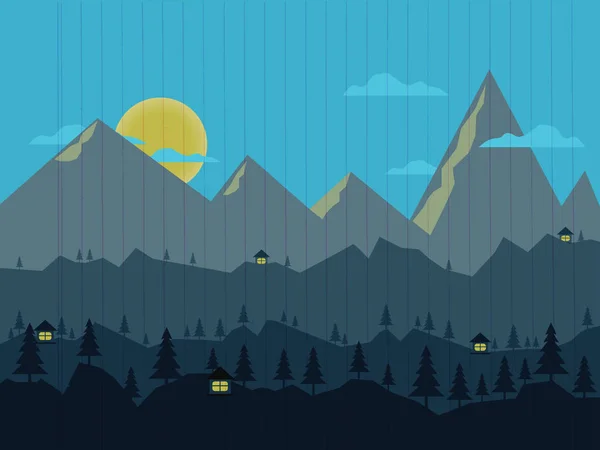 Nachtlandschaft mit beleuchtetem Haus, Wald und Bergen im Hintergrund. Vektorillustration. — Stockvektor