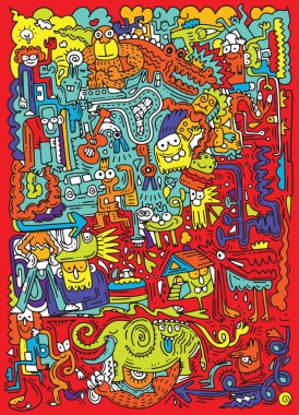 Elle çizilmiş vektör çizim, Doodle komik şehir, Illustrator
