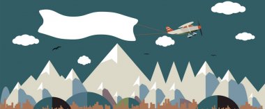 Uçak beyaz bayrak uçan yukarıda doğa manzara ile.