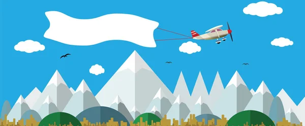 自然風景の上の白い旗飛行と飛行機. — ストックベクタ