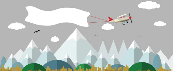 自然風景の上の白い旗飛行と飛行機. — ストックベクタ