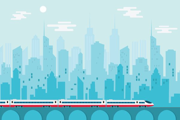 Высокоскоростной поезд с городом, векторная иллюстрация
