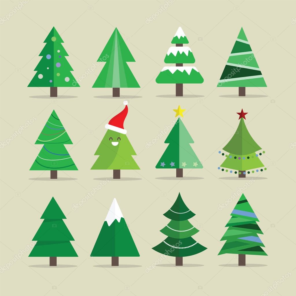 Different Christmas tree set, vector illustration. Can be used for greeting card, invitation, banner, web design.