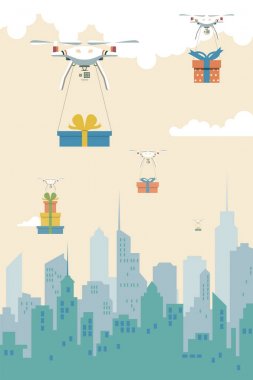 Teslimat uçağı ile cityscape backgrou ile uçan hediye kutusu