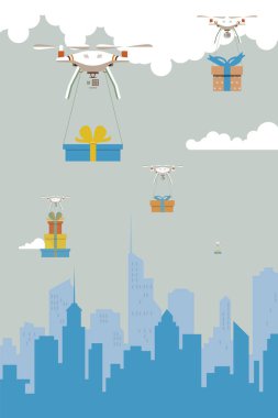 Teslimat uçağı ile cityscape backgrou ile uçan hediye kutusu