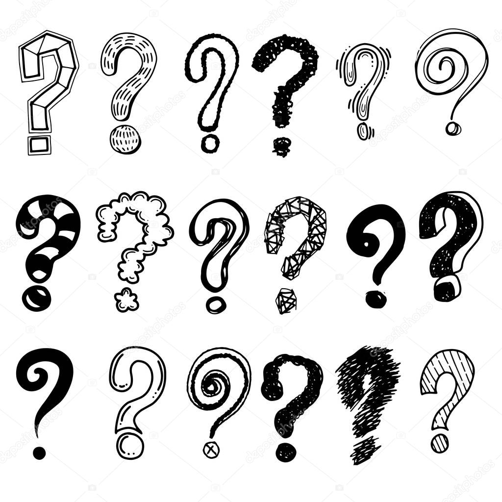 Set of hand drawn question marks. Vector illustration.