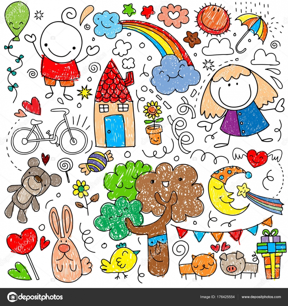 Collection of cute children's drawings of kids, animals, nature, Stock ...