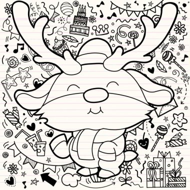 Komik Noel Reindeer Noel kartı. Sevimli çizgi film komik kawaii karakteri Noel süslemeleri arka plan ile. Tebrik kartı. Mutlu yıllar, mutlu yıllar. Yetişkin renklendirme kitap, düz tasarım için şablon. Vektör çizim