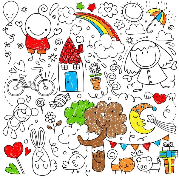 Collection of cute children's drawings of kids, animals, nature, objects.Vector illustration — Stock Vector