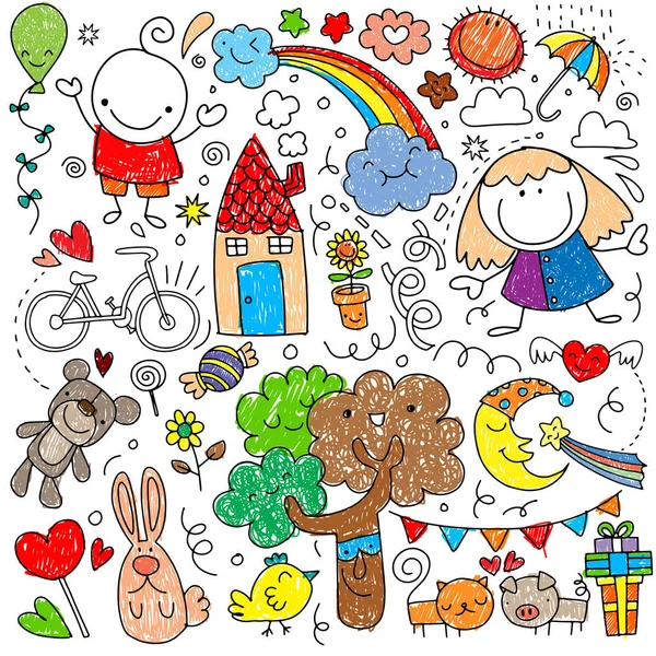 Collection of cute children's drawings of kids, animals, nature, — Stock Vector