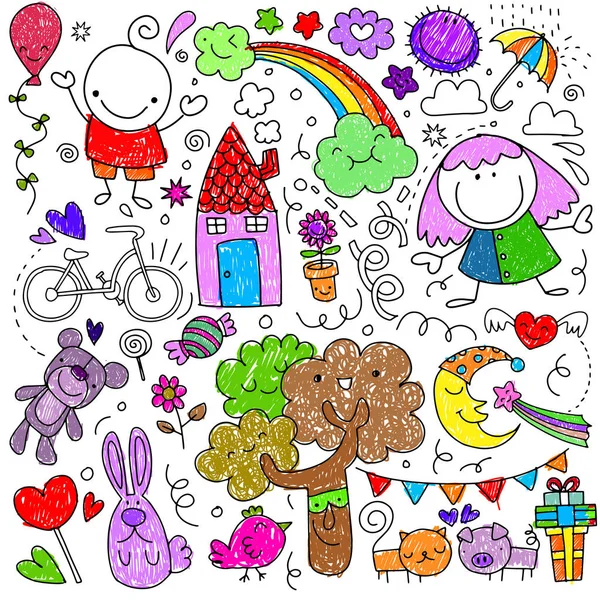Collection of cute children's drawings of kids, animals, nature, — Stock Vector