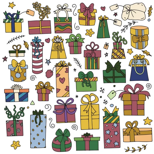 Boîtes cadeaux dessinées à la main modèle set.vector avec boîtes cadeaux dessinées à la main — Image vectorielle