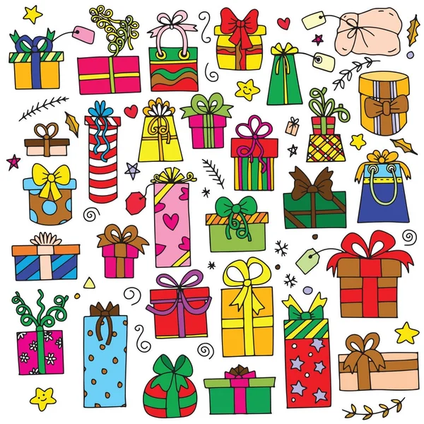 Coffrets cadeaux dessinés à la main modèle set.vector avec cadeau dessiné à la main bo — Image vectorielle