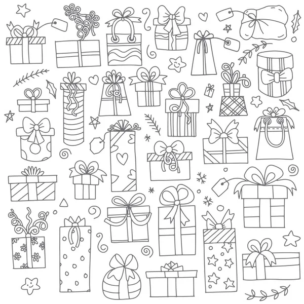 Coffrets cadeaux dessinés à la main modèle set.vector avec cadeau dessiné à la main bo — Image vectorielle