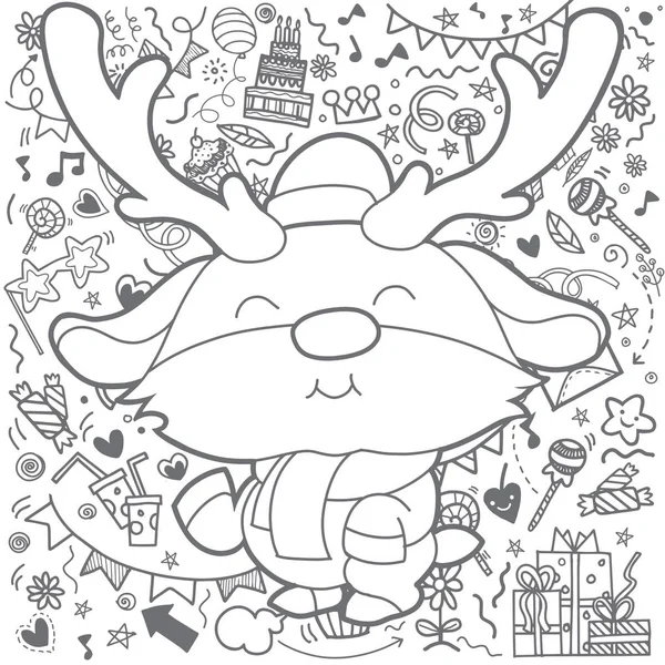 Komik Noel Reindeer Noel kartı. Sevimli çizgi film komik kawaii karakteri Noel süslemeleri arka plan ile. Tebrik kartı. Mutlu yıllar, mutlu yıllar. Yetişkin renklendirme kitap, düz tasarım için şablon. Vektör çizim — Stok Vektör