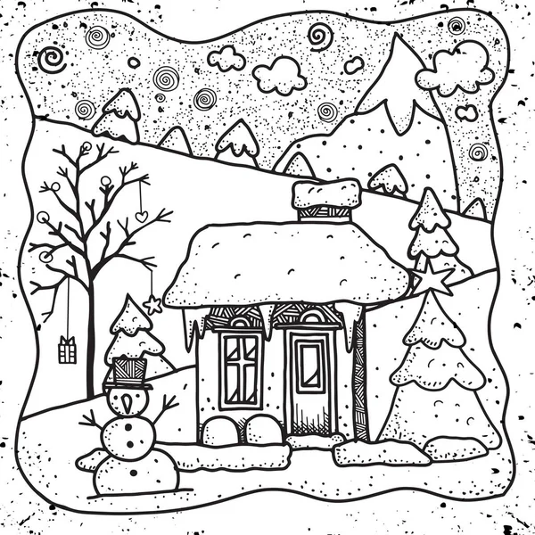 Ilustración de vectores dibujados a mano Casa de Navidad cubierta de nieve con muñeco de nieve y abeto. Fondo decoraciones de Navidad. Tarjeta de felicitación.Feliz Navidad, Feliz Año Nuevo. Patrón para libro para colorear para adultos, diseño plano. Ilustración vectorial — Archivo Imágenes Vectoriales