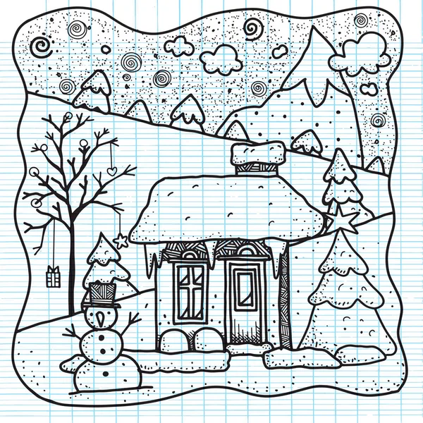 Ilustración de vectores dibujados a mano Casa de Navidad cubierta de nieve con muñeco de nieve y abeto. Fondo decoraciones de Navidad. Tarjeta de felicitación.Feliz Navidad, Feliz Año Nuevo. Patrón para libro para colorear para adultos, diseño plano. Ilustración vectorial — Archivo Imágenes Vectoriales