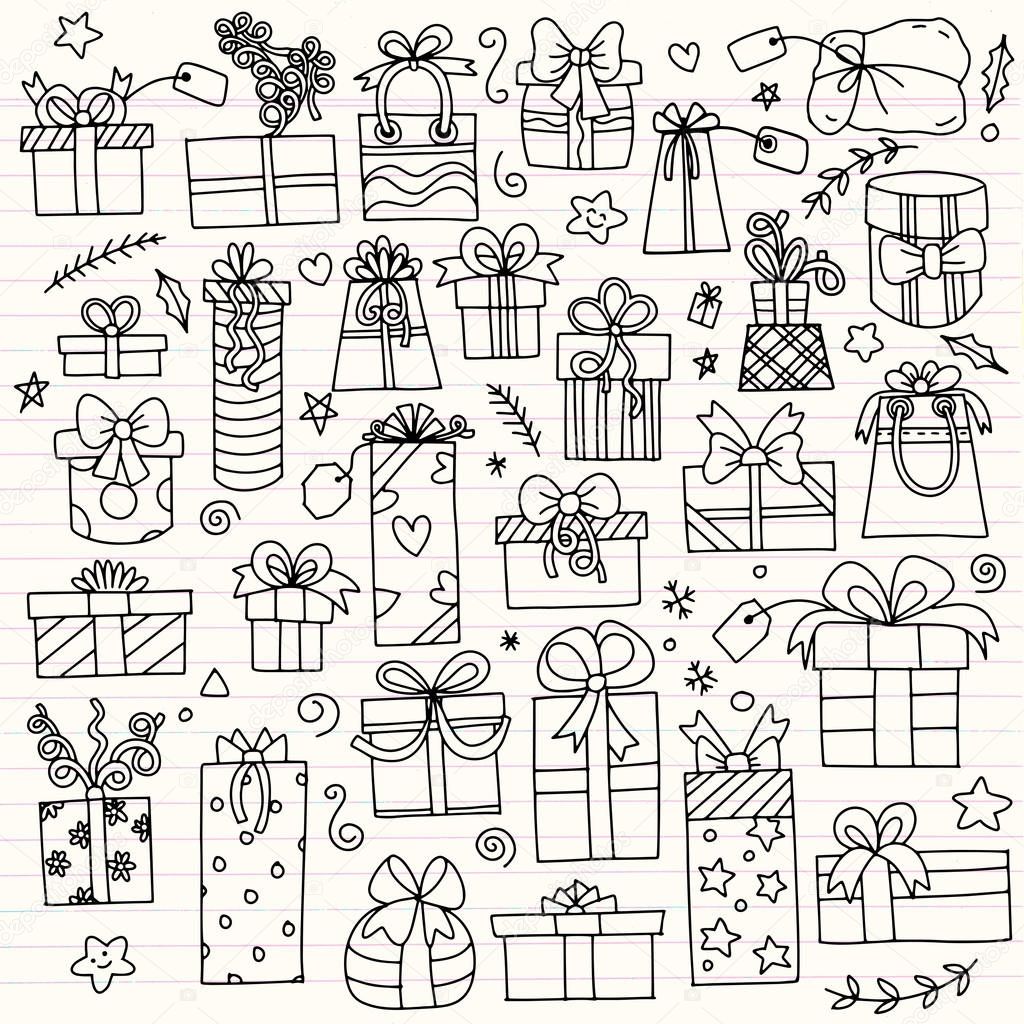 Hand drawn gift boxes set.vector pattern with hand drawn gift bo
