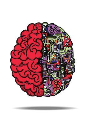 Elle çizilmiş vektör illüstrasyon insan makine beyin otomatik bilgi işlem altyapısı ekipmanları ile detaylı kombine insan beyni ile. 