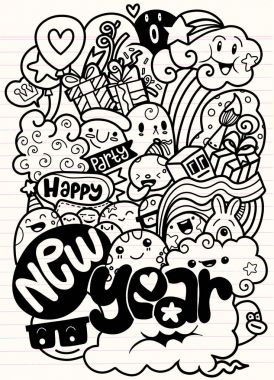 Hat sanatı Doodle canavar kümesi nesneleri ve mutlu yeni yıl konulu sembolleri vektör, Doodle sevimli canavar arka plan illüstrasyon vektör, çizim Doodle ver.