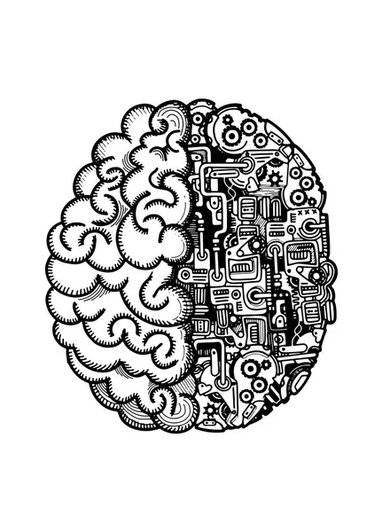 Ilustración dibujada a mano del vector del cerebro humano de la máquina con el cerebro humano combinado detallado con los equipos automáticos del motor de la computación . — Archivo Imágenes Vectoriales