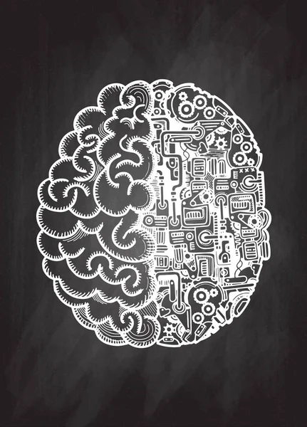 Illustration vectorielle dessinée à la main du cerveau humain de machine avec le cerveau humain combiné détaillé avec les équipements automatiques de moteur de calcul . — Image vectorielle
