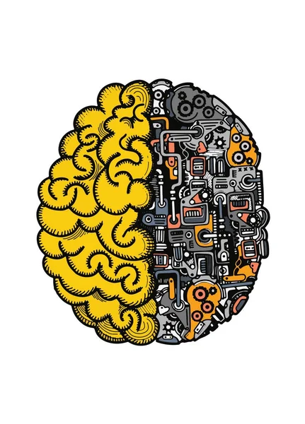 Illustration vectorielle dessinée à la main du cerveau humain de machine avec le cerveau humain combiné détaillé avec les équipements automatiques de moteur de calcul . — Image vectorielle