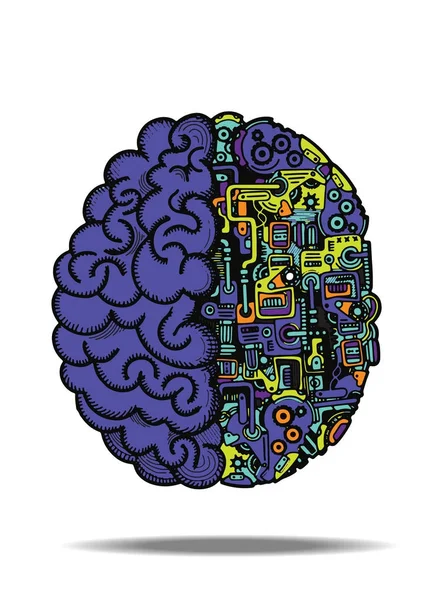 Ilustración dibujada a mano del vector del cerebro humano de la máquina con el cerebro humano combinado detallado con los equipos automáticos del motor de la computación . — Archivo Imágenes Vectoriales