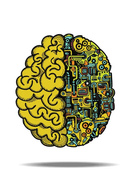 Illustration vectorielle dessinée à la main du cerveau humain de machine avec le cerveau humain combiné détaillé avec les équipements automatiques de moteur de calcul . — Image vectorielle