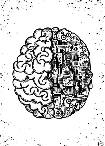 Illustration vectorielle dessinée à la main du cerveau humain de machine avec le cerveau humain combiné détaillé avec les équipements automatiques de moteur de calcul . — Image vectorielle
