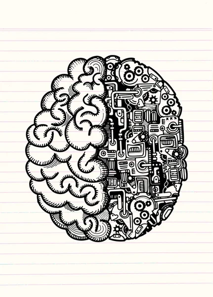 Ilustración dibujada a mano del vector del cerebro humano de la máquina con el cerebro humano combinado detallado con los equipos automáticos del motor de la computación . — Vector de stock