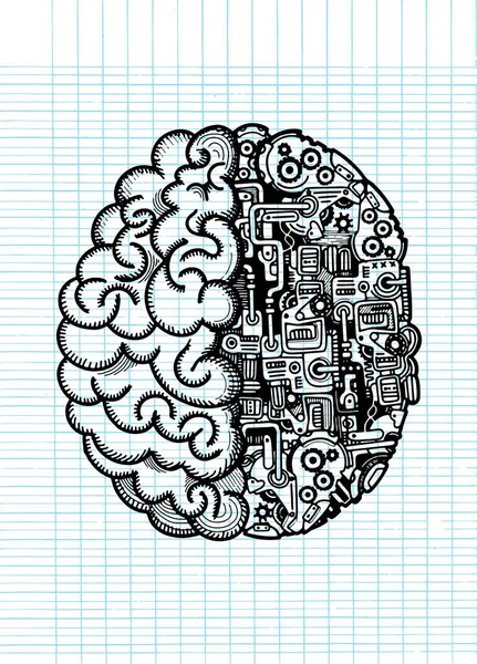 Hand getrokken Vector Illustratie van machine hersenen met gedetailleerde gecombineerde menselijke hersenen met automatische computing motor apparatuur. — Stockvector