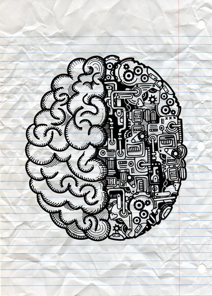 Illustration vectorielle dessinée à la main du cerveau humain de la machine avec detai — Image vectorielle